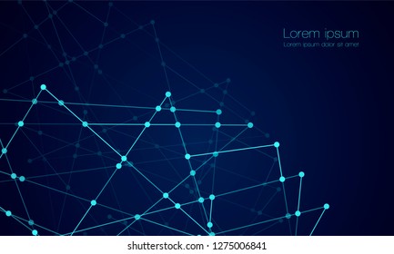 Abstract technology Network nodes with polygonal shapes on dark blue Vector background. Connection science and futuristic technology, digital structure, connected points, web.