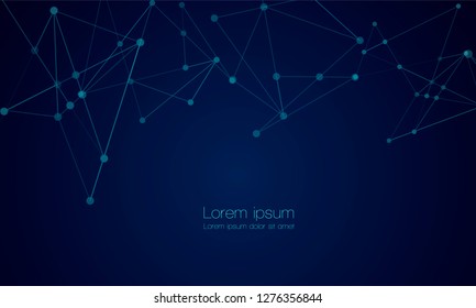 Abstract technology Network nodes with polygonal shapes on dark blue Vector background. Connection science and futuristic technology, digital structure, connected points, web.