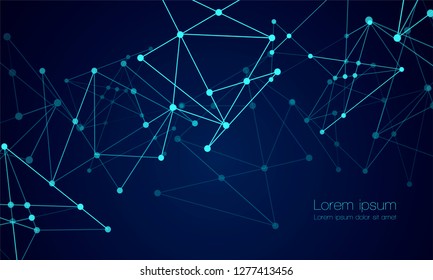 Abstract technology Network nodes with polygonal shapes on dark blue Vector background. Connection science and futuristic technology, digital structure, connected points, web.