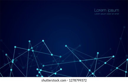 Abstract technology Network nodes with polygonal shapes on dark blue Vector background. Connection science and futuristic technology, digital structure, connected points, web.