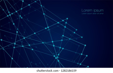 Abstract technology Network nodes with polygonal shapes on dark blue Vector background. Connection science and futuristic technology, digital structure, connected points, web.