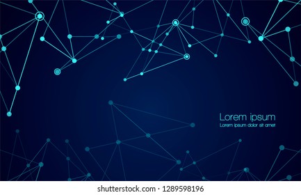 Abstract technology Network nodes with polygonal shapes on dark blue Vector background. Connection science and futuristic technology, digital structure, connected points, web.