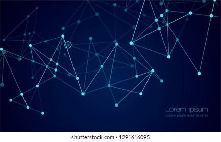 Abstract technology Network nodes with polygonal shapes on dark blue Vector background. Connection science and futuristic technology, digital structure, connected points, web.