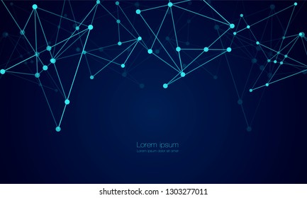 Abstract technology Network nodes with polygonal shapes on dark blue Vector background. Connection science and futuristic technology, digital structure, connected points, web. - Vector