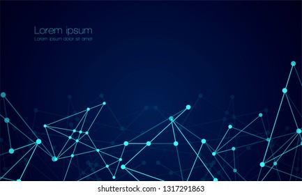 Abstract technology Network nodes with polygonal shapes on dark blue Vector background. Connection science and futuristic technology, digital structure, connected points, web. - Vector