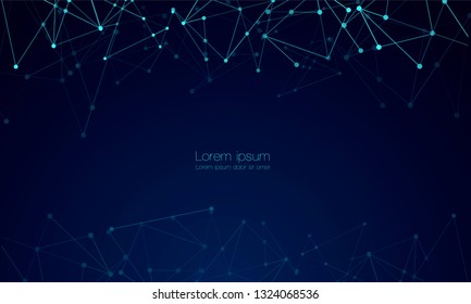 Abstract technology Network nodes with polygonal shapes on dark blue Vector background. Connection science and futuristic technology, digital structure, connected points, web. - Vector