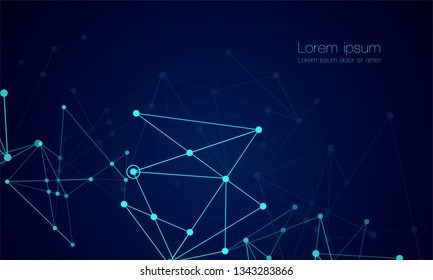 Abstract technology Network nodes with polygonal shapes on dark blue Vector background. Connection science and futuristic technology, digital structure, connected points, web. - Vector