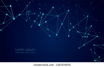 Abstract technology Network nodes with polygonal shapes on dark blue Vector background. Connection science and futuristic technology, digital structure, connected points, web. - Vector