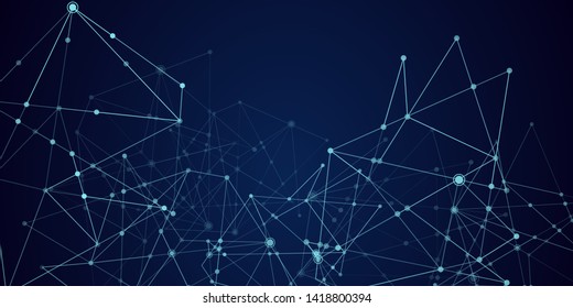 Abstract technology Network nodes with polygonal shapes on dark blue Vector background. Connection science and futuristic technology, digital structure, connected points, web. - Vector 