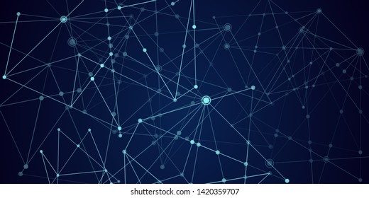 Abstract technology Network nodes with polygonal shapes on dark blue Vector background. Connection science and futuristic technology, digital structure, connected points, web. - Vector 