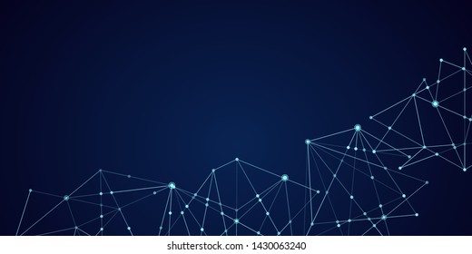 Abstract technology Network nodes with polygonal shapes on dark blue Vector background. Connection science and futuristic technology, digital structure, connected points, web.