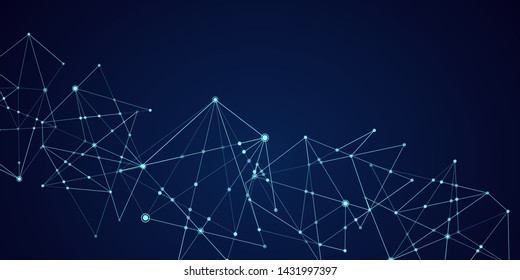 Abstract technology Network nodes with polygonal shapes on dark blue Vector background. Connection science and futuristic technology, digital structure, connected points, web. - Vector 