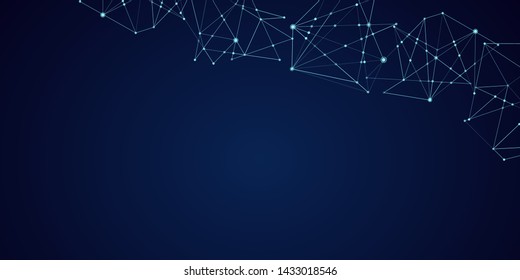 Abstract technology Network nodes with polygonal shapes on dark blue Vector background. Connection science and futuristic technology, digital structure, connected points, web. - Vector 