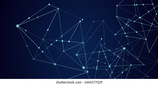 Abstract technology Network nodes with polygonal shapes on dark blue Vector background. Connection science and futuristic technology, digital structure, connected points, web. - Vector 