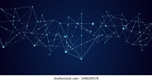 Abstract technology Network nodes with polygonal shapes on dark blue Vector background. Connection science and futuristic technology, digital structure, connected points, web. - Vector 