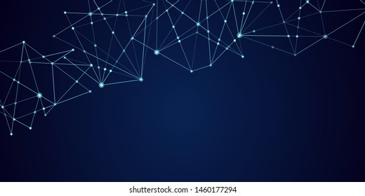 Abstract technology Network nodes with polygonal shapes on dark blue Vector background. Connection science and futuristic technology, digital structure, connected points, web. - Vector