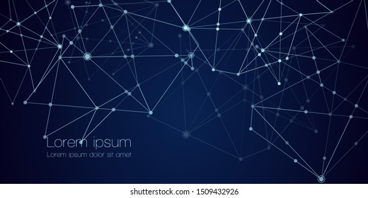 Abstract technology Network nodes with polygonal shapes on dark blue Vector background. Connection science and futuristic technology, digital structure, connected points, web. - Vector