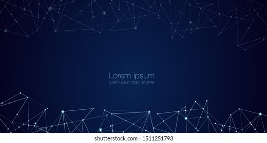 Abstract technology Network nodes with polygonal shapes on dark blue Vector background. Connection science and futuristic technology, digital structure, connected points, web. - Vector
