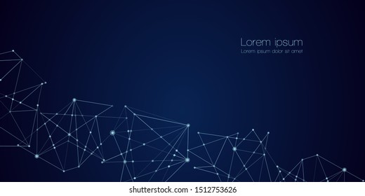 Abstract technology Network nodes with polygonal shapes on dark blue Vector background. Connection science and futuristic technology, digital structure, connected points, web. - Vector