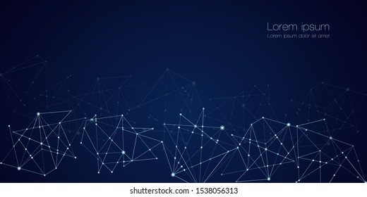 Abstract technology Network nodes with polygonal shapes on dark blue Vector background. Connection science and futuristic technology, digital structure, connected points, web.