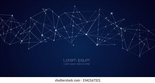 Abstract technology Network nodes with polygonal shapes on dark blue Vector background. Connection science and futuristic technology, digital structure, connected points, web.