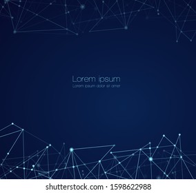 Abstract technology Network nodes with polygonal shapes on dark blue Vector background. Connection science and futuristic technology, digital structure, connected points, web.