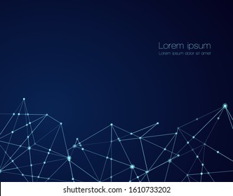 Abstract technology Network nodes with polygonal shapes on dark blue Vector background. Connection science and futuristic technology, digital structure, connected points, web.