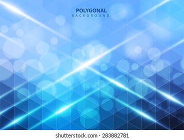 abstract technology networking blue circular bokeh background and blue polygonal style