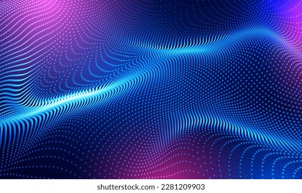Abstract technology particles mesh background.
Wave moving dots flow particles, Neon light, hi-tech and big data analytics background. Futuristic technology sci-fi wave.Digital cyberspace.Vector EPS10