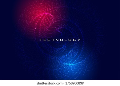 Abstract technology particles spiral background with red and blue glowing lights.  internet technology big data background. Vector illustration.