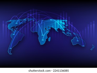 Abstract technology perspective map glowing blue, with curved lines and binary numbers connecting each continent. There is a bar graph that grows below.
on gradient background 