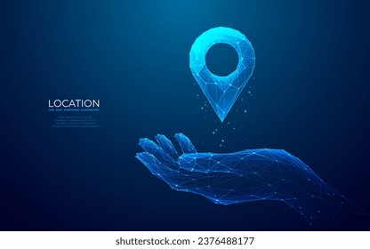 Abstract technology pin on hand. Location and GPS concept. Digital one pin icon hologram and human palm on dark blue background in futuristic low poly style. Geometric polygonal vector illustration