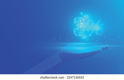 Abstract technology polygon hand hold in 3 percent discount digital world, Business management strategy vector design.