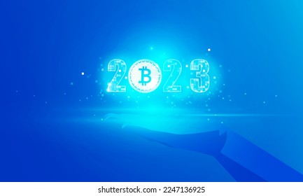 Resumen de la tecnología de mano polígono celebrando Feliz Año Nuevo 2023 de Bitcoin Hitech concepto de comunicación de clave privada mundo digital, diseño vector. 