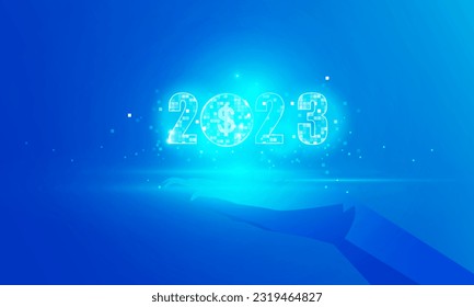 Abstrakte Technologie Polygon Hand hält Happy New Year 2023 von uns Dollar Symbol High-Tech-Kommunikation Konzept der privaten Schlüssel digitalen Welt, Vektordesign. 