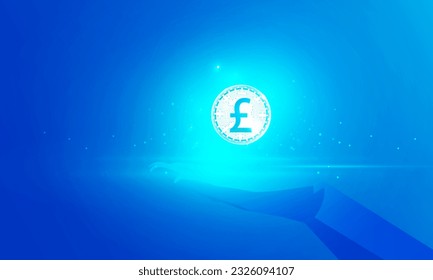 Abstract technology polygon hand holding a pound sterling Hitech communication concept of private key digital world, vector design. 