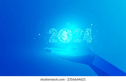 Abstract technology polygon hand holding Happy New Year 2024 of us dollar symbol Hitech communication concept of private key digital world, vector design. 