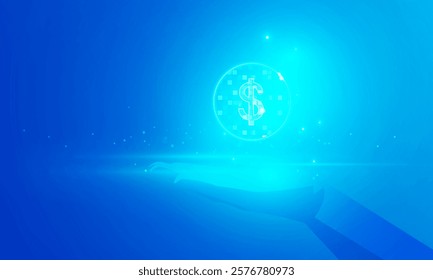 Abstract technology polygon hand holding of us dollar symbol Hitech communication concept of private key digital world, vector design. 