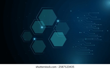 Abstract technology polygons shape elegant blue light lines on dark background with lighting effect and sparkle for technology concept. Vector illustration
