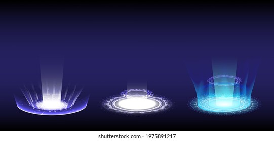 Abstract technology. Portal and hologram science futuristic. Sci-fi digital hi-tech collection in glowing HUD. Magic gate in game fantasy. Circle teleport podium. GUI, UI virtual reality projector