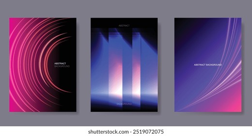 Abstract Technology poster background vector set. Futuristic style cover template with geometric shape, glow wave. Ideal design for social media, website, business, ads.
