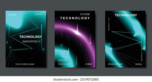 Conjunto de Vector de fondo de póster de Tecnología Abstractas. Plantilla de cubierta de estilo futurista con distorsión de línea, onda de línea intrincada, conexión de punto. Diseño ideal para redes sociales, Sitio web, negocios, anuncios.