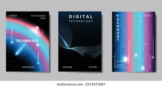 Conjunto de Vector de fondo de póster de Tecnología Abstractas. Plantilla de cubierta de estilo futurista con distorsión de línea, onda de línea intrincada, conexión de punto. Diseño ideal para redes sociales, Sitio web, negocios, anuncios.