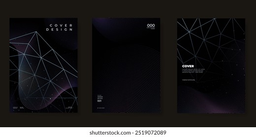 Conjunto de Vector de fondo de póster de Tecnología Abstractas. Plantilla de cubierta de estilo futurista con distorsión de línea, onda de línea intrincada, conexión de punto. Diseño ideal para redes sociales, Sitio web, negocios, anuncios.