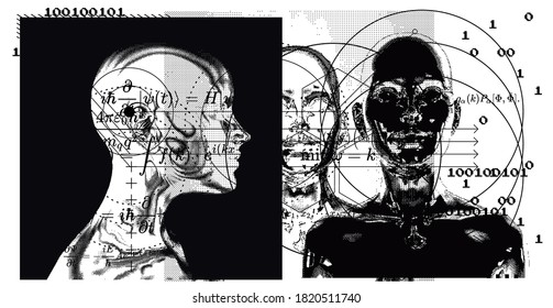 Abstract technology poster with binary code and human silhouette. Conceptual illustration of Artificial intelligence, Cryptography and Cyber Security.