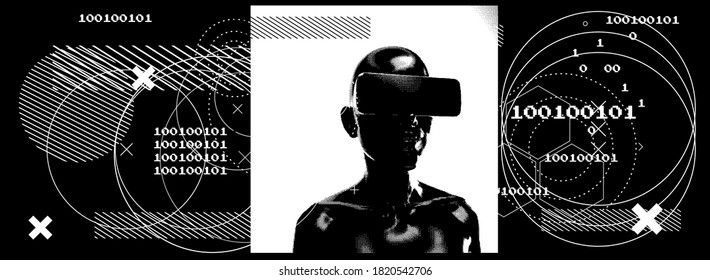 Abstract technology poster with binary code and human silhouette. Conceptual illustration of Artificial intelligence, Cryptography and Cyber Security.