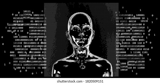 Abstract technology poster with human silhouette. Conceptual illustration of Artificial intelligence, Cryptography and Cyber Security.