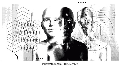 Abstract technology poster with human silhouette. Conceptual illustration of Artificial intelligence, Cryptography and Cyber Security.