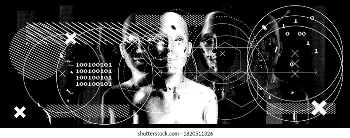 Abstract technology poster with human silhouette. Conceptual illustration of Artificial intelligence, Cryptography and Cyber Security.