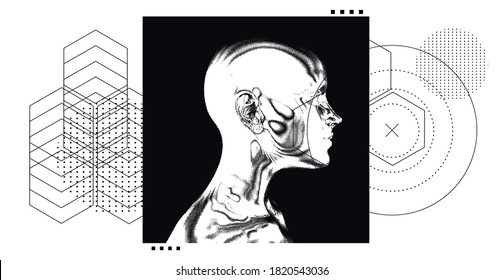 Abstract technology poster with human silhouette. Conceptual illustration of Artificial intelligence, Cryptography and Cyber Security.